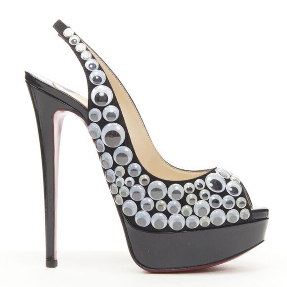 CHRISTIAN LOUBOUTIN Deja Vu 150 black patent eyeball peeptoe sling platform EU36